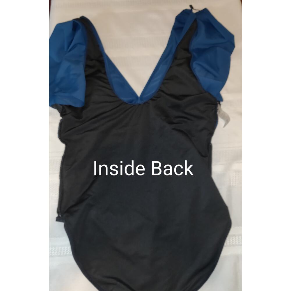 Bloomin Jelly Swimsuit LARGE Tiered Flutter Sleeves Ruching Turquoise Black NWT - Picture 7 of 16